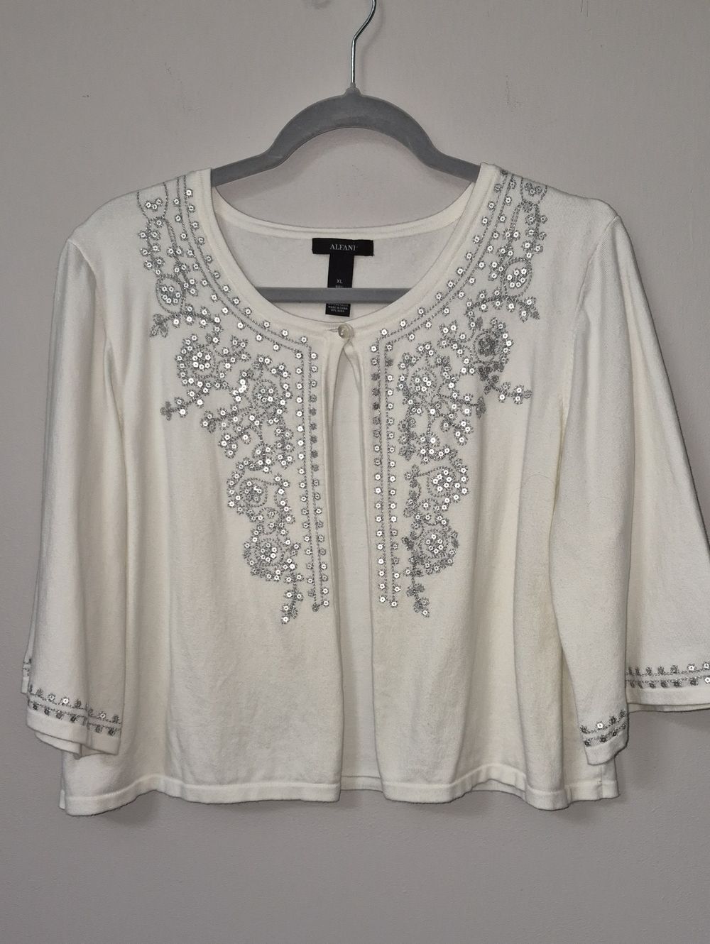 Alfani Sweater Ivory Sequin Embroidered One Button Cardigan Shrug Bolero Coastal